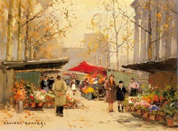 Edouard Cortes : Flower Stalls by the Madeleine